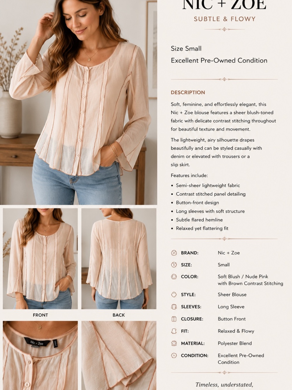 NIC+ZOE Soft Blush Button-Front Sheer Blouse